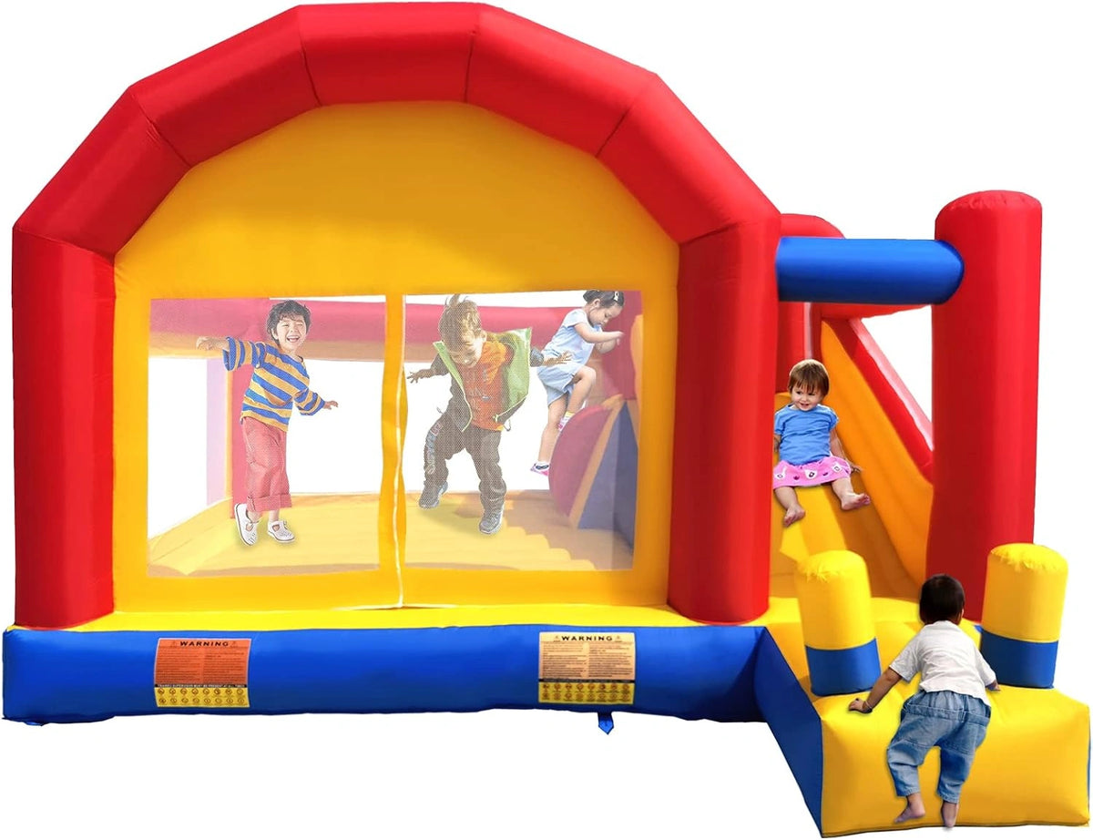 Ballsea Opblaasbaar kasteel XXL, groot opblaasbaar kasteel met trampoline, glijbaan en klimwand (zonder blazer), rood