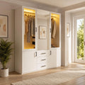 Slaapkamerkast met spiegel en led, transparante kast met 4 deuren en 3 laden, opbergkast met kledingstang, multifunctionele kast voor slaapkamer, wit