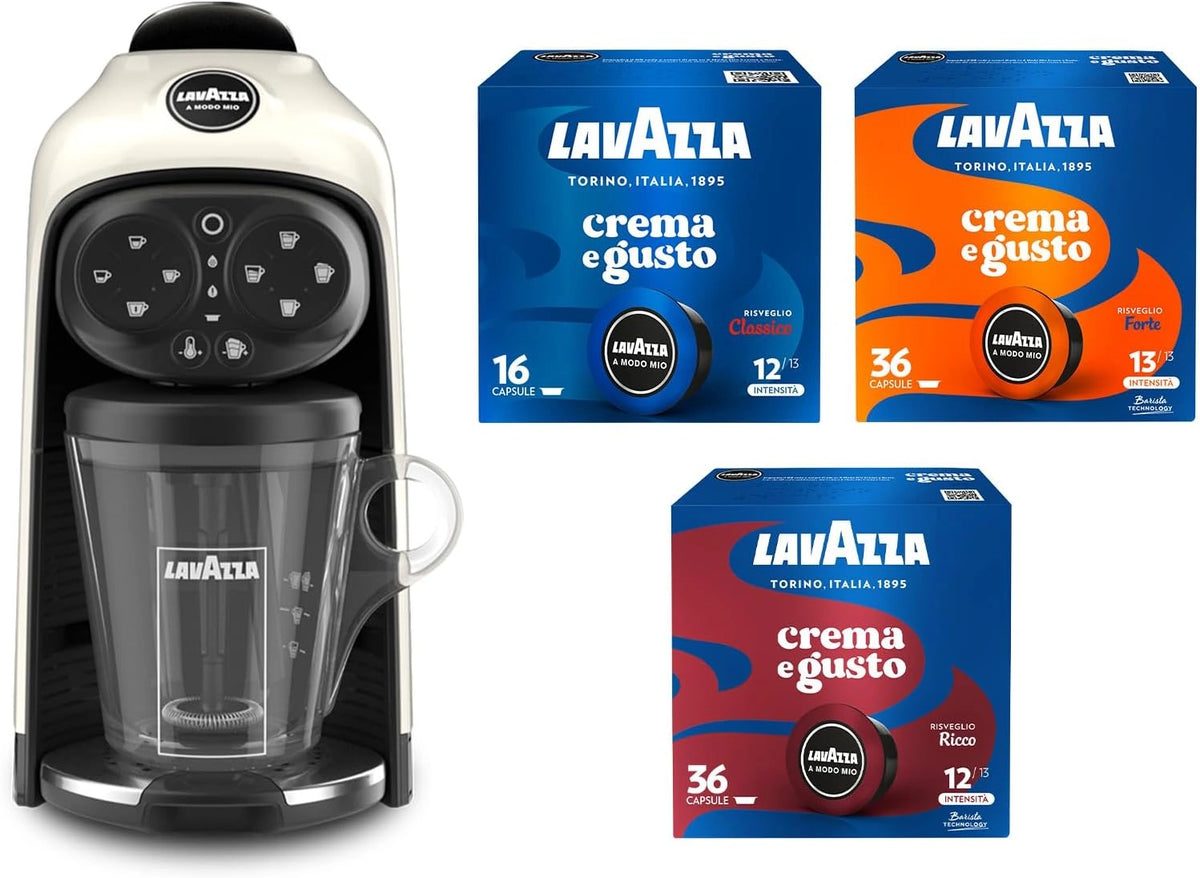 Lavazza, A Modo Mio koffiezetapparaat Deséa wit Cream met 88 koffiecapsules, espressomachine 1500 W, 220-240 V, 50/60 Hz
