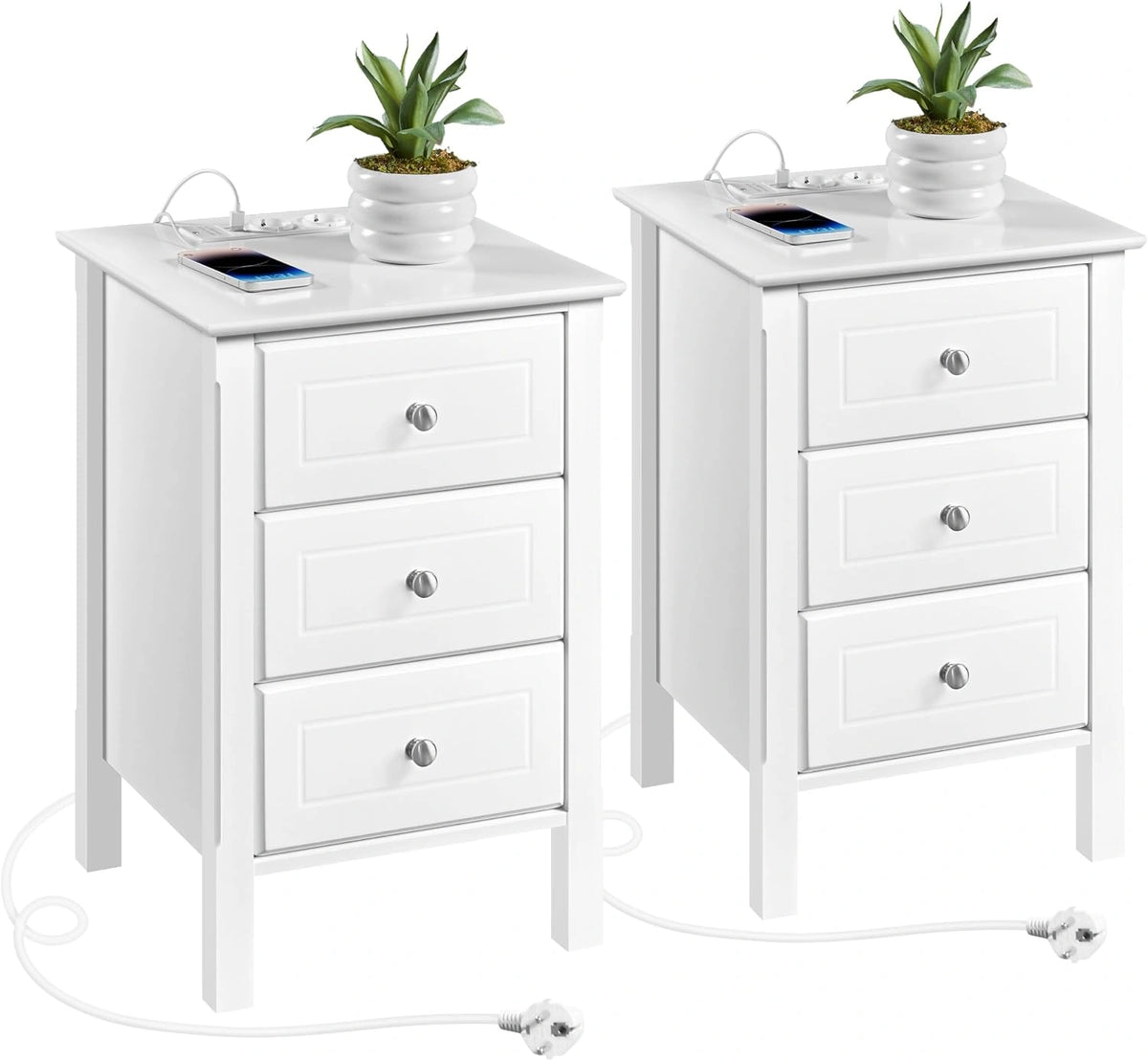 Yaheetech Nachtkastje, set van 2, met laadstation, 3 laden, bijzettafel, boxspringbed, nachtkastje, banktafel voor slaapkamer/woonkamer, wit