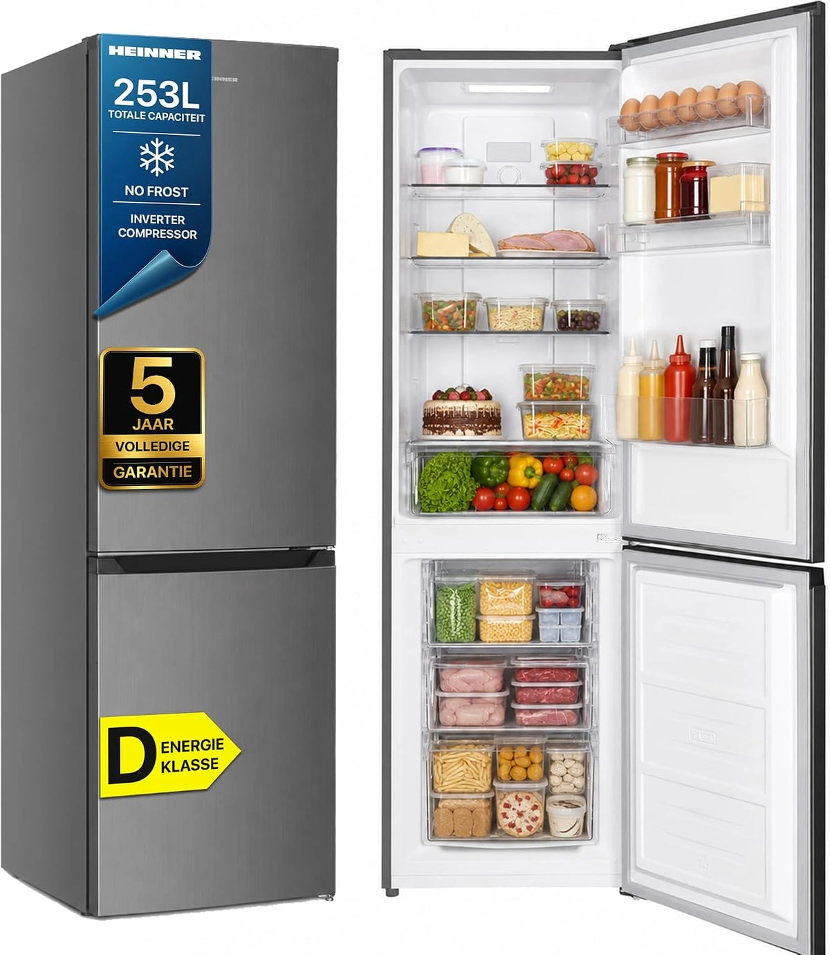 HCNF-HM253INVXD Koel-vriescombinatie, 253 l, vorstvrij, invertercompressor, 182 l koelgedeelte + 71 l vriesgedeelte, energieklasse D