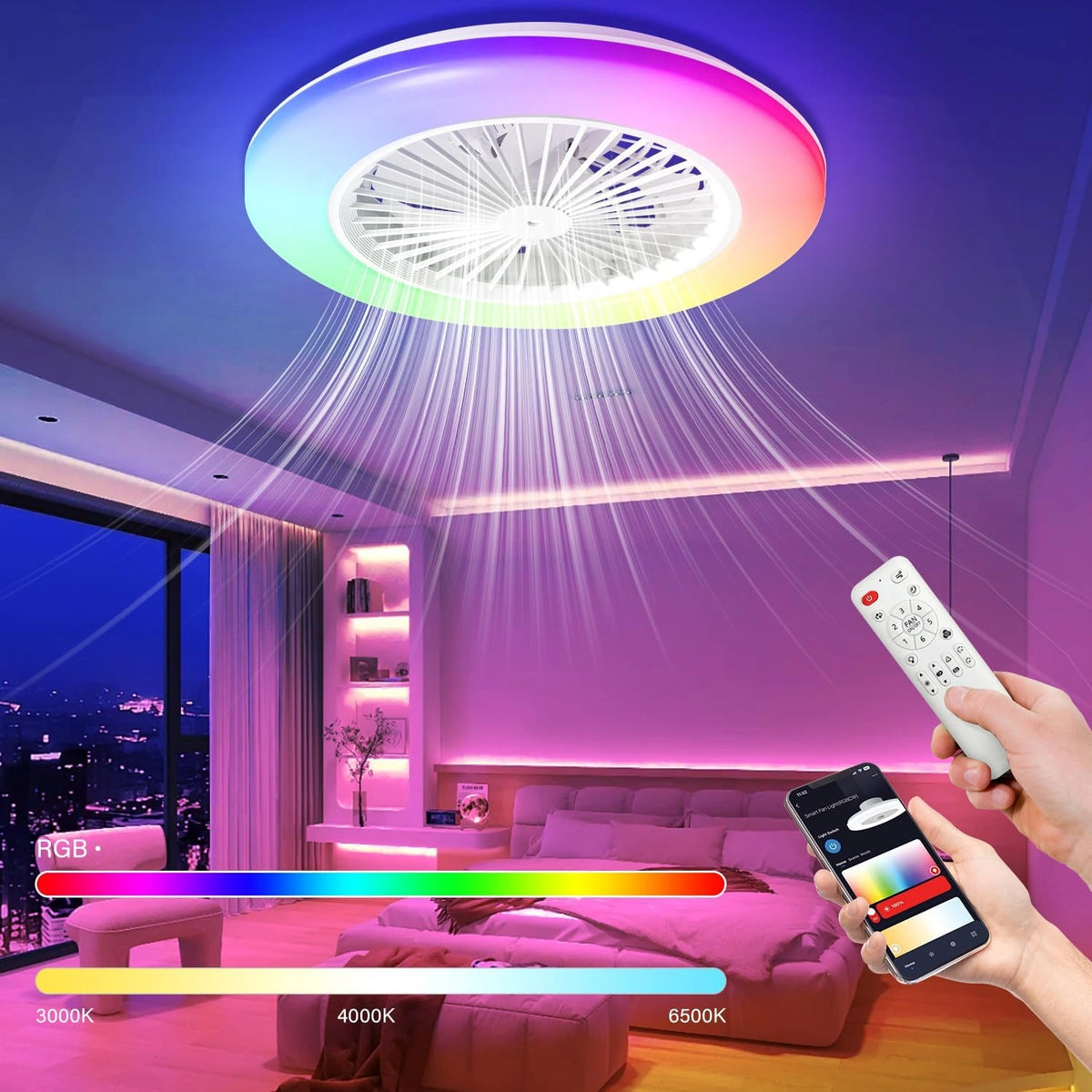 Lospitch Plafondventilator met verlichting, Ø 49 cm, Smart RGB led-ventilatorlicht met afstandsbediening, omkeerbare plafondventilator met licht