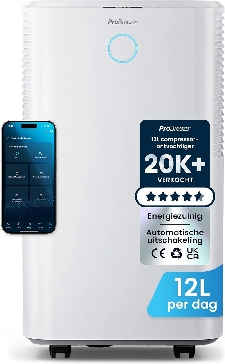 Pro Breeze 12 L/Dag WiFi Luchtontvochtiger met Smart App, Automatische Vochtigheidssensor, 24-Uurs Timer, Was droogstanden, 2 liter Watertank
